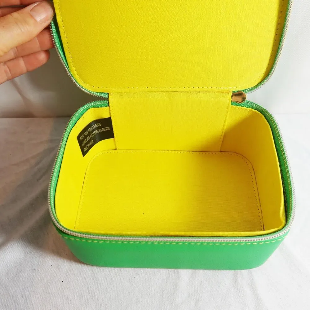 Tata Harper Green Vanity/Travel Case with zipper sq box 5 x6 yellow inside